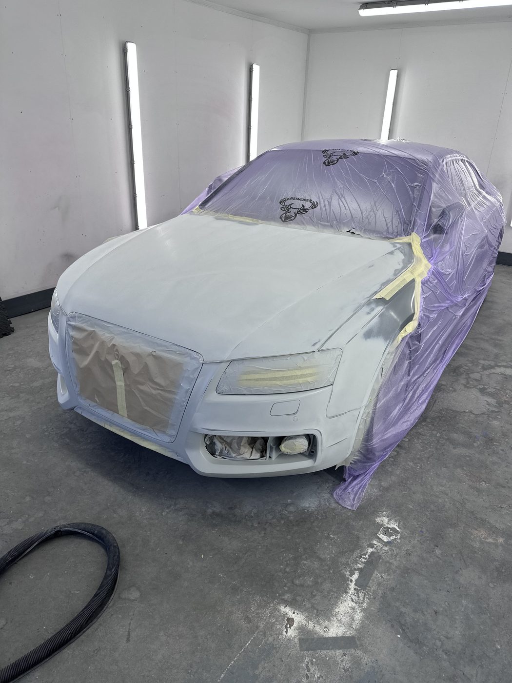 Audi mid-respray in Shaw's Bodyshop paint booth